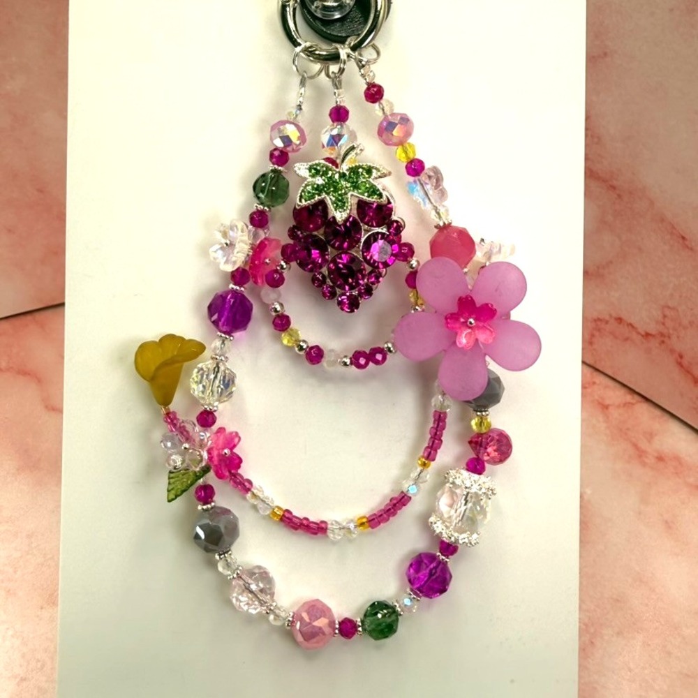 Purple Grape Crystal Flowers Beaded Wristlet Phone Charm Keychain Handmade